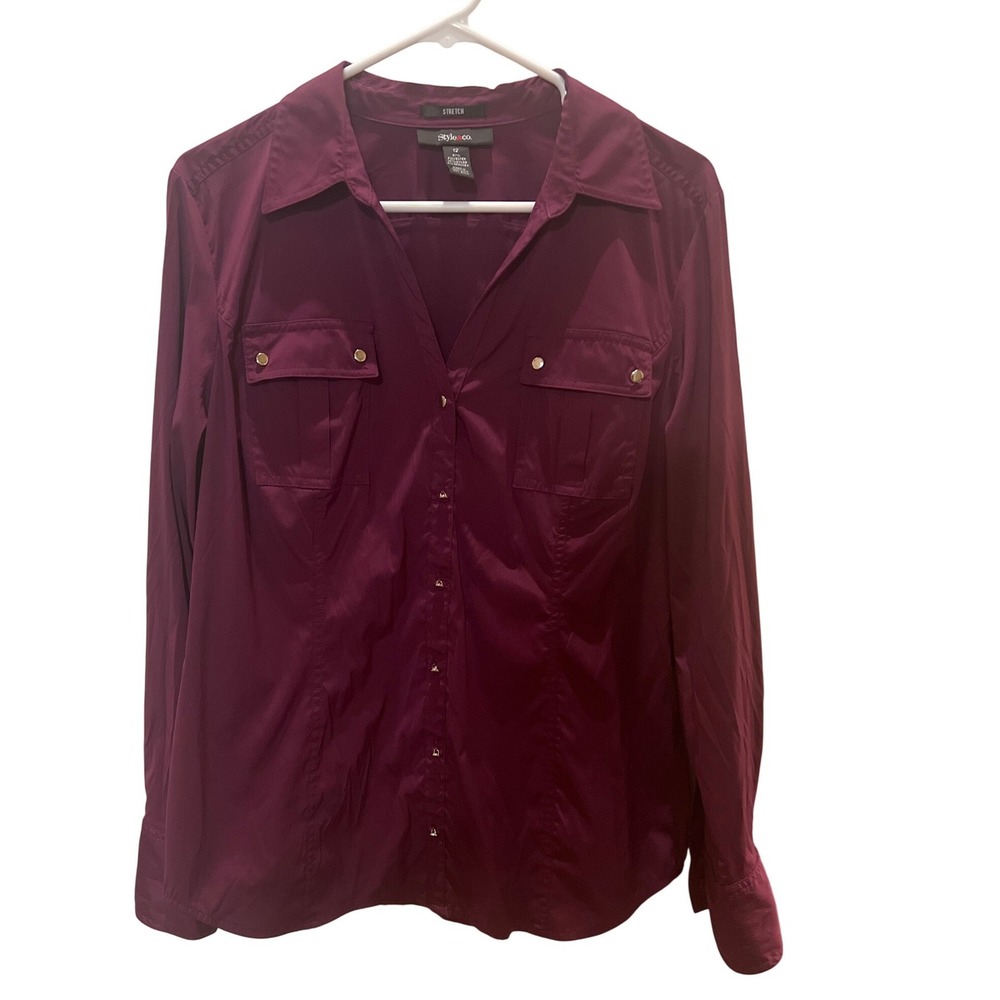 Style & Co Womens Plum Purple Stretch Button Down Shirt Side Zippers Size 12